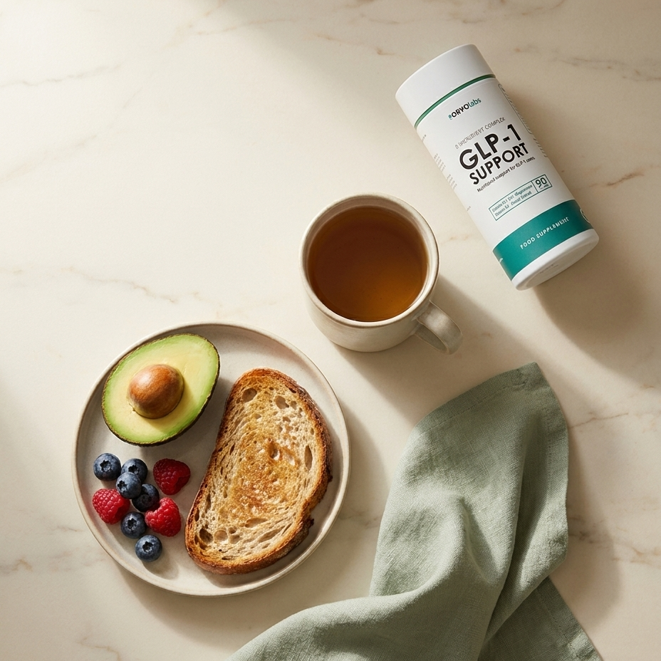 Breakfast setting with toast, avocado, berries, and a cup of tea on a marble surface.